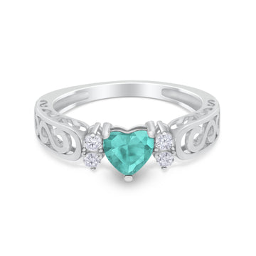 Filigree Heart Promise Wedding Ring Simulated Paraiba Tourmaline CZ 925 Sterling Silver